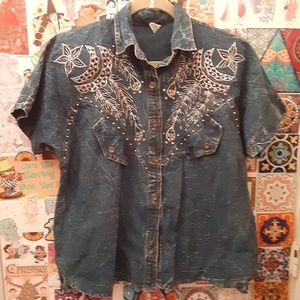 VTG Pret M Oversized L/XL Denim Acid Jean Rhinestone Gold Embroidered Button Top